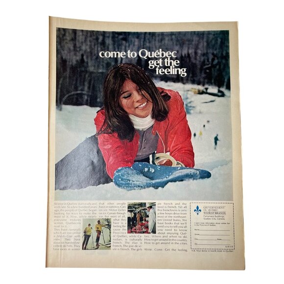 1970 Quebec Tourist Branch Vintage Full Page Print Ad Lady Laying in Snow u - Picture 1 of 6